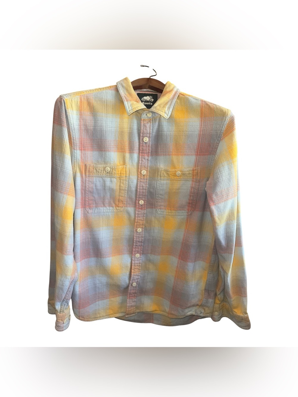 Roots Pastel Plaid Button-Down Shirt - Yellow, Blue, Pink Casual Cotton Flannel